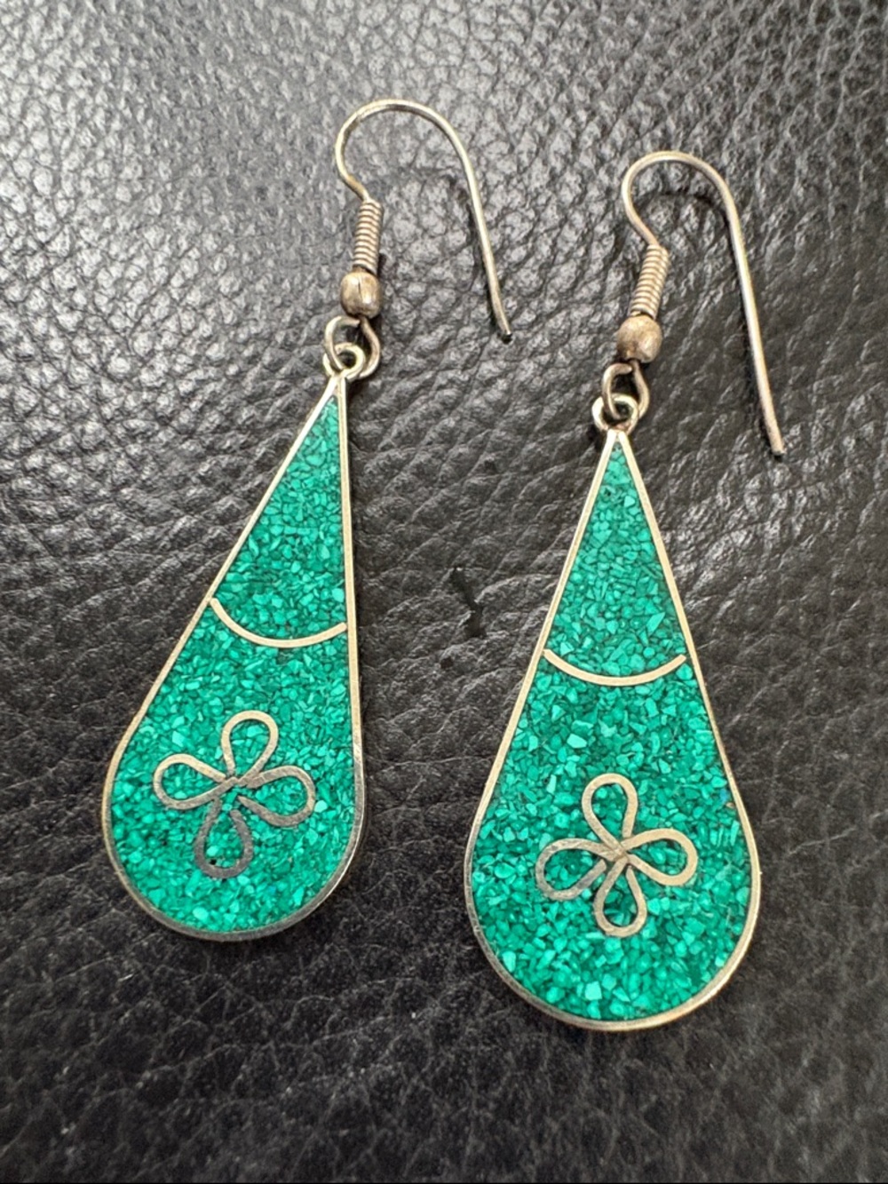 Alpaca Turquoise Inlay Teardrop Flower Dangle Earrings -